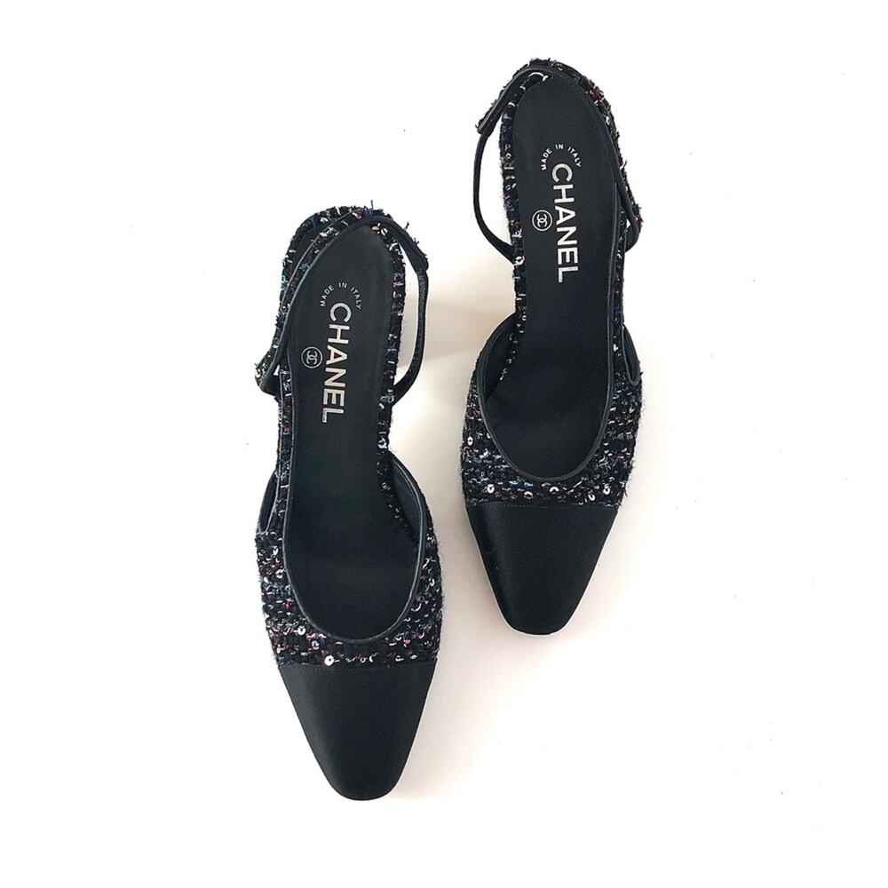 Chanel Black and Sequin Tweed Cap Toe CC Logo Slingback Pumps 40.5 - Picture 2 of 9